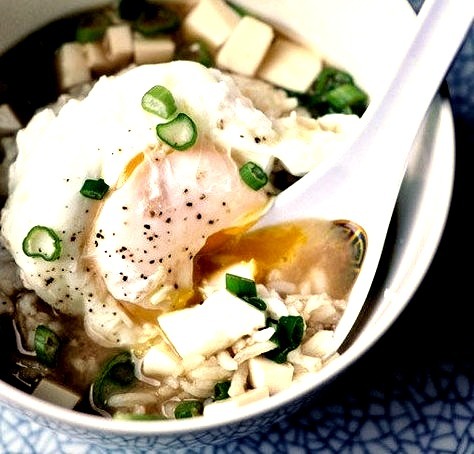 Miso Soup with a poached egg and broken rice