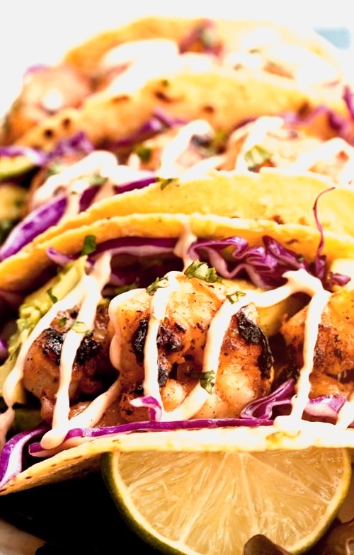 Honey Lime Tequila Shrimp Tacos with Avocado, Purple Slaw and Chipotle Crema