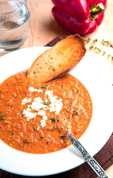 Creamy Roasted Red Pepper and Cauliflower Soup with Goat Cheese